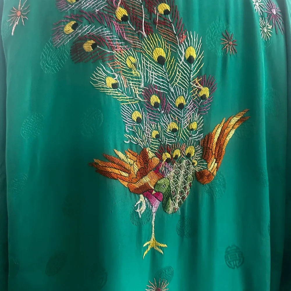 Golden Bee Green traditional vintage Chinese Kimono with Peacock Embroidery sz M - Picture 10 of 15